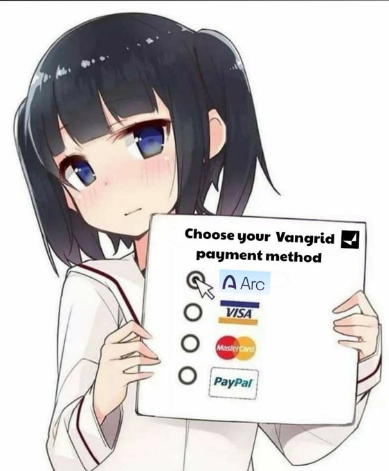 An anime girl with a black ponytail holds up a tablet displaying a "Choose your Vangrid payment method" menu with options for Arc, Visa, MasterCard, and PayPal.
