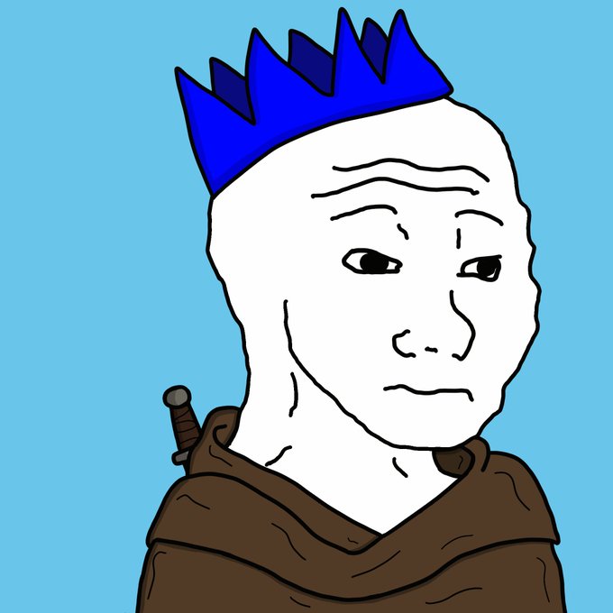 A Wojak-style drawing of a sad-looking figure wearing a blue crown and brown robe with a sword on their back.