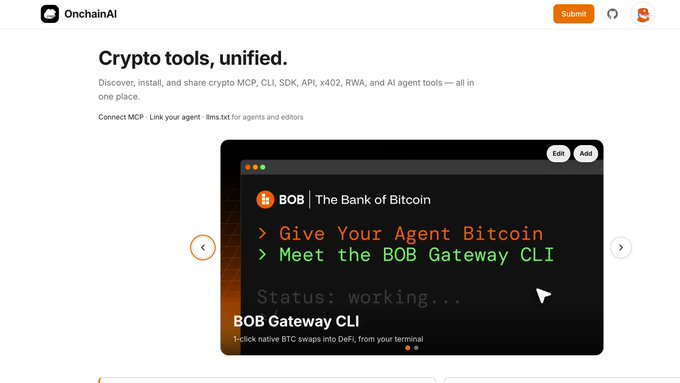 A website screenshot for OnchainAI titled 'Crypto tools, unified,' featuring a terminal interface for 'BOB | The Bank of Bitcoin' with options to give an agent Bitcoin and meet the BOB Gateway CLI.