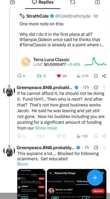A Twitter/X thread showing replies about cryptocurrency, including tweets referencing @ColeStrathclyde discussing Terra Luna Classic (LUNC) and a user named Greenpeace.BNB.probably commenting on Senpi_Gideon's business operations.