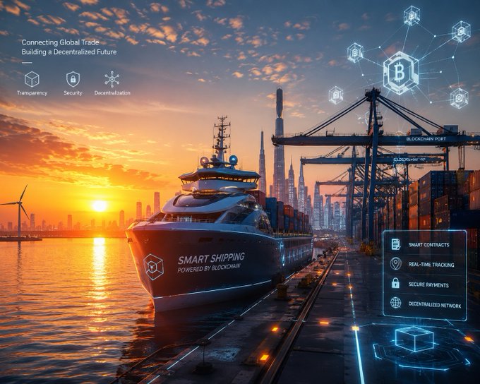 A futuristic concept image showing a cargo ship at a blockchain-powered port at sunset, labeled 'SMART SHIPPING POWERED BY BLOCKCHAIN' with features like 'TRANSPARENCY,' 'SECURITY,' and 'DECENTRALIZATION.'