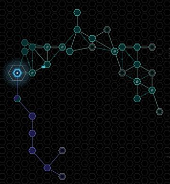 A digital illustration of a constellation-like network of glowing nodes and lines on a dark hexagonal background.