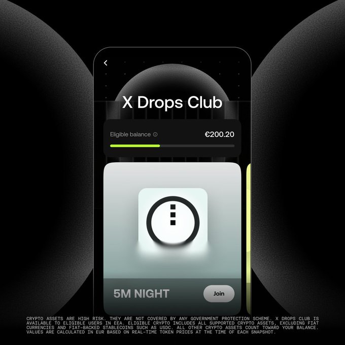 A mobile app screenshot showing 'X Drops Club' with an eligible balance of €200.20 and a '5M NIGHT' option with a Join button, along with crypto-related disclaimers at the bottom.