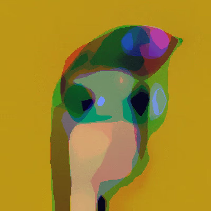 A colorful, abstract painting on a mustard-yellow background depicting a stylized owl-like figure with green, purple, and blue tones on its head, large dark eyes, and a peach-colored beak or chest area.