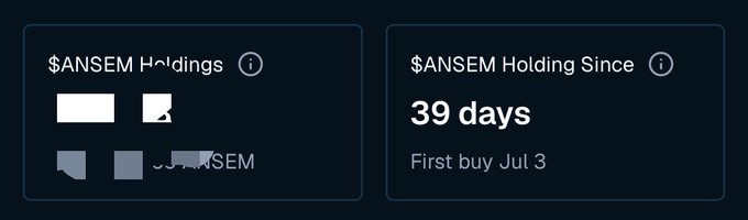 A dashboard showing "$ANSEM Holdings" with some redacted wallet addresses and "$ANSEM Holding Since 39 days, First buy Jul 3," tracking the 39-day holding streak mentioned in the post.