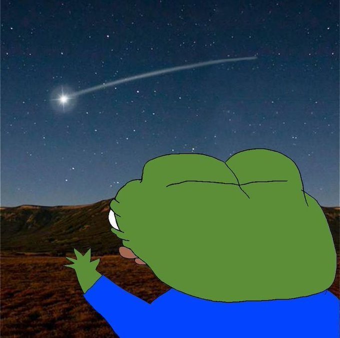 A meme-style image showing a cartoon frog character from behind, wearing a blue shirt and reaching up toward a bright shooting star streaking across a starry night sky over a hilly landscape.