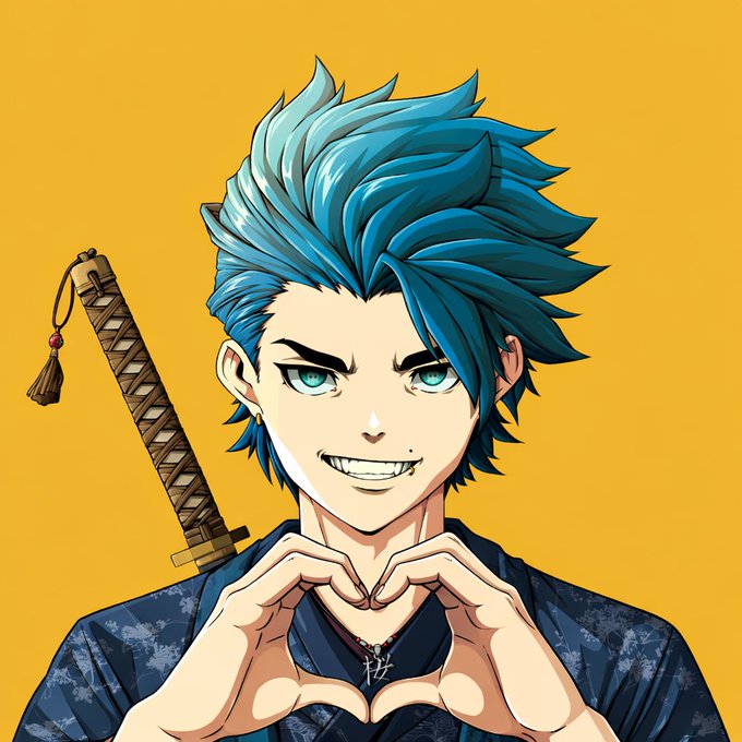 An anime-style illustration of a character with spiky blue hair, teal eyes, and a wide grin, wearing a dark kimono and forming a heart shape with his hands against a yellow background.