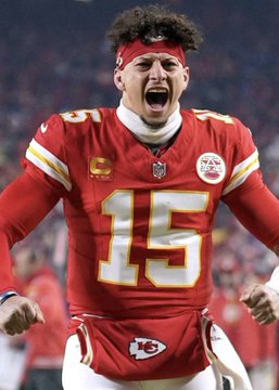 Kansas City Chiefs quarterback Patrick Mahomes, wearing jersey number 15 with a red headband, passionately celebrates on the field with his mouth open in an intense yell, fists clenched, visually connecting to the post about a $1,484 bet placed on him NOT achieving 2+ rushing touchdowns after already securing one in the opening quarter.
