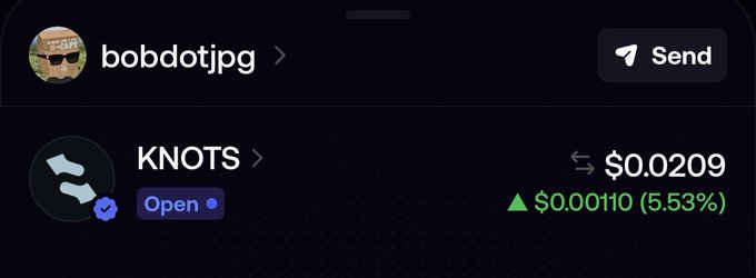 A mobile screen shows the username 'bobdotjpg' with a cryptocurrency token called 'KNOTS' priced at $0.0209, up 5.53%.