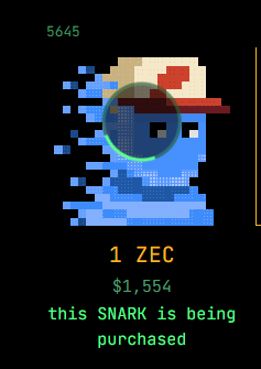 A glitchy pixel-art character wearing a cap is shown purchasing a SNARK worth $1,554 (1 ZEC), with the caption "Yoink!" playfully celebrating the snatching of the ZEC SNARK.