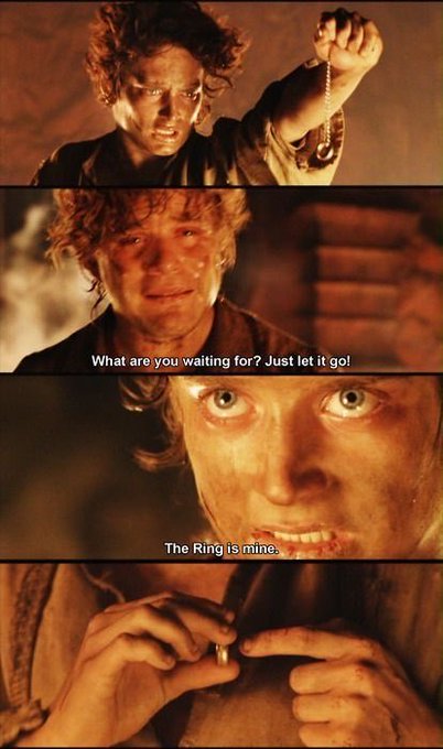 A four-panel image shows scenes of a man, with subtitles reading 'What are you waiting for? Just let it go!' and 'The Ring is mine,' the latter referencing Frodo and the One Ring from Lord of the Rings.