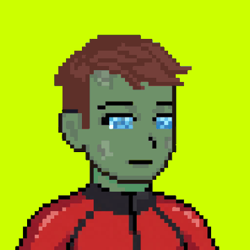 A pixel art character with green skin, blue eyes, and brown hair wearing a red shirt against a bright green background.