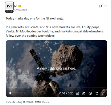 A tweet from @N1Chain (dated Aug 11, 2026) announces "Day one for the N1 exchange," noting that RFQ markets, N1 Points, and 10+ new markets are live, alongside an embedded video showing asteroids with the text "A new trading era is here."