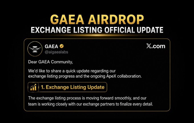 The image displays a promotional graphic titled "GAEA AIRDROP - EXCHANGE LISTING OFFICIAL UPDATE," featuring a tweet from GAEA (@aigaelabs) addressed to the GAEA Community. The tweet announces that the exchange listing process is progressing smoothly, with the team working closely with exchange partners to finalize details, aligning with the accompanying post about ongoing listing preparations and the ApeX collaboration.