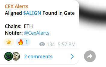 A Telegram notification from CEX Alerts reading 'Aligned $ALIGN Found in Gate' on the ETH chain, posted by @CexAlerts.