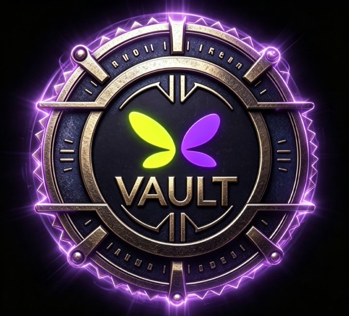 The image features a logo for Vault, which is a purple circle with yellow wings inside of it. The logo has a gold border around it, giving it an elegant appearance. The word "Vault" is written in black letters on the center of the circle, and there are two butterflies depicted within the circle - one yellow and one purple. The background of the image is black, which contrasts with the vibrant colors of the logo.