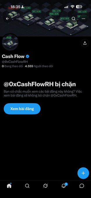 A Twitter/X profile screenshot for 'Cash Flow' (@0xCashFlowRH) showing a restricted content warning in Vietnamese.