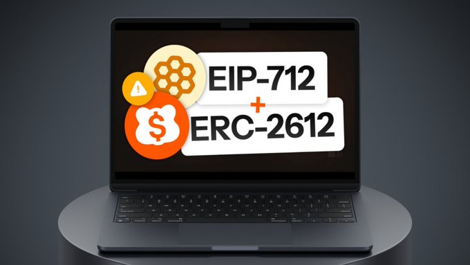 A laptop displays graphics for "EIP-712 + ERC-2612" alongside crypto logos including a dollar sign token.