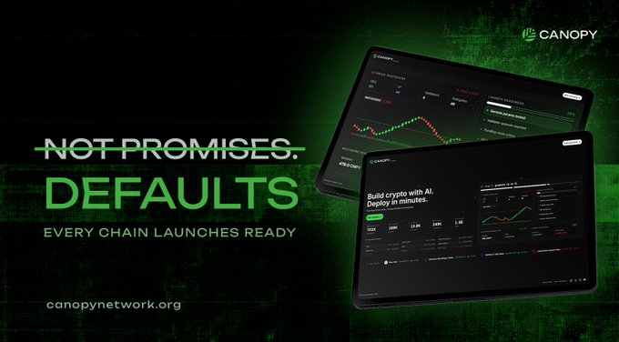 Advertisement for Canopy Network with the tagline 'NOT PROMISES. DEFAULTS. EVERY CHAIN LAUNCHES READY' and website canopynetwork.org, showing a dashboard for building crypto with AI.