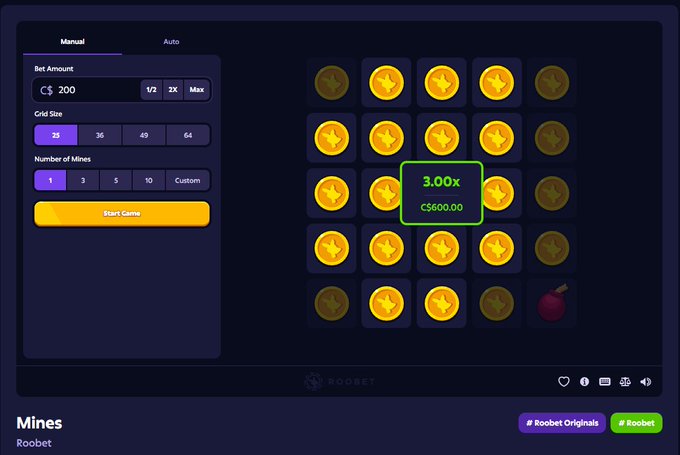 A screenshot of a Mines betting game on Roobet showing a 5x5 grid with one mine, a bet amount of C$200, and a 3.00x multiplier of C$600.00 revealed on the center tile.