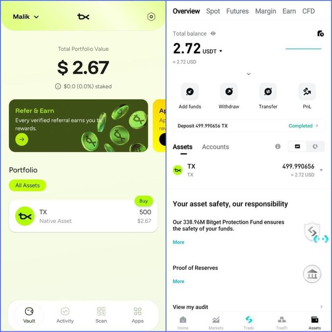 Two cryptocurrency wallet screens showing an account named 'Malik' with a Total Portfolio Value of $2.67 (TX) and a separate exchange view showing a 2.72 USDT balance with a completed 499.990656 TX deposit.