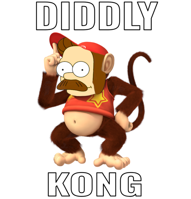 A cartoon illustration of Donkey Kong wearing a red cap and shirt with a star, with the text 'DIDDLY KONG' displayed above and below.
