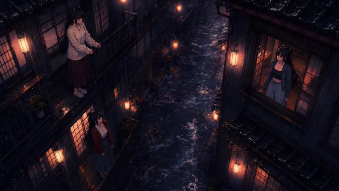 An atmospheric illustration depicts a nighttime scene in a Japanese-style town where women look out from balconies and windows over a flowing stream lit by floating lanterns.
