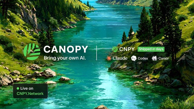 A promotional graphic for "CANOPY - Bring your own AI." overlaid on a scenic landscape of a turquoise river winding through green mountains, noting it is "Live on CNPY.Network" and compatible with Claude, Codex, and Cursor.