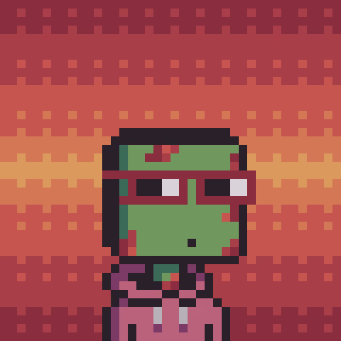 A pixel art image of a green-skinned Pepe character wearing red sunglasses and a pink hoodie, set against a red and orange sunset background. The meme reflects the post's excitement that collectors are actually holding the NFT rather than selling, with the caption humorously expressing the "my face when" reaction to discovering only 50 out of 1000 were listed.