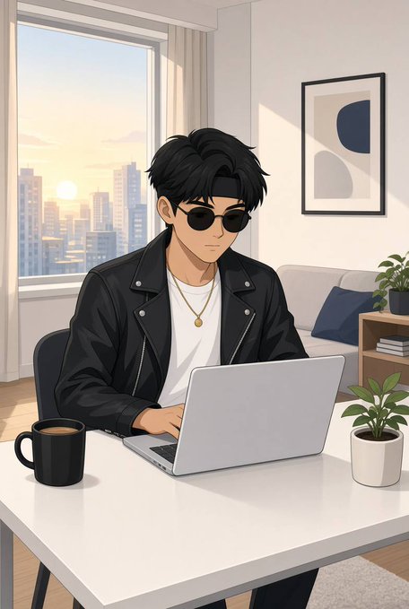 An anime-style illustration of a young man with black hair, sunglasses, and a black leather jacket working on a silver laptop at a white desk, with a coffee mug, potted plants, and a city sunset view through the window.