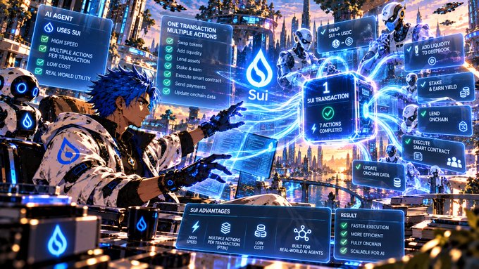 A futuristic AI-themed infographic showing an anime character with blue hair using SUI blockchain technology. The graphic highlights features like 'AI AGENT', 'ONE TRANSACTION MULTIPLE ACTIONS', 'SUI TRANSACTION', and 'SUI ADVANTAGES' with the SUI logo prominently displayed.