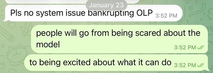 A WhatsApp conversation where someone pleads "Pls no system issue bankrupting OLP," followed by a reply explaining that "people will go from being scared about the model to being excited about what it can do." The image relates to the post about Variational's RFQ + OLP model by highlighting concerns about potential system issues that could disrupt the Onchain Liquidity Provider feature, which the poster argues enables uniquely new capabilities like swaps not possible with HL/Lighter.