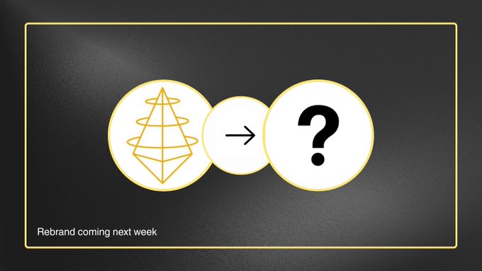 A minimalist graphic showing a geometric logo transformation with a diamond/crystal shape pointing to a question mark, with the text "Rebrand coming next week" at the bottom.