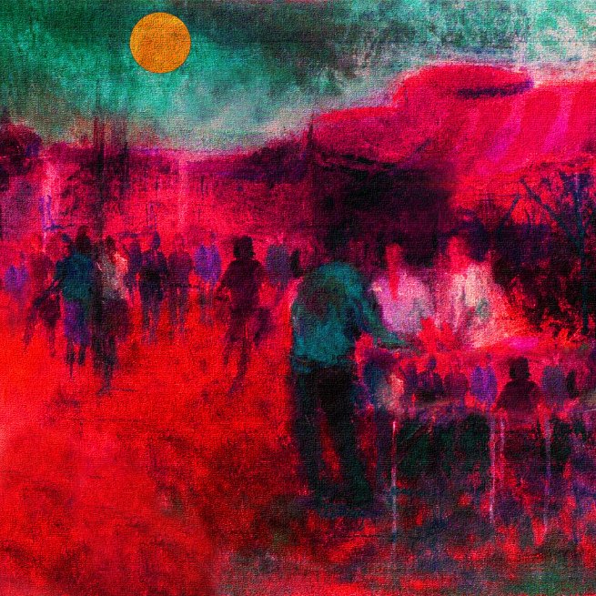 The image shows a vivid abstract painting dominated by intense reds and contrasting teal, depicting shadowy human figures gathered beneath a solitary orange sun, evoking an atmosphere of uprising and collective movement. The fiery palette and silhouettes of people standing together visually embody the post's message about invisible wounds igniting an inner revolution of the soul.
