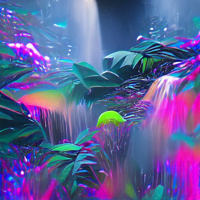 The image features a vibrant, colorful scene of a tropical rainforest with various plants and trees. The sky above appears to be dark blue, creating an atmosphere of mystery and intrigue. In the center of this lush environment, there's a green object that stands out among the other elements in the picture. This green object is described as "Magic jungle VI" by @hambrehoy on Twitter, suggesting it might have some sort of magical or enchanting quality to it. The image also includes text that reads "@objktcom", which could be related to the artist who created this captivating scene.