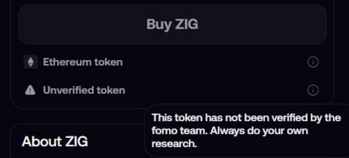 A "Buy ZIG" interface shows a tooltip warning that the token is "Unverified" and "has not been verified by the fomo team," highlighting the contrast between institutional investment in ZIG and the platform's lack of verification.