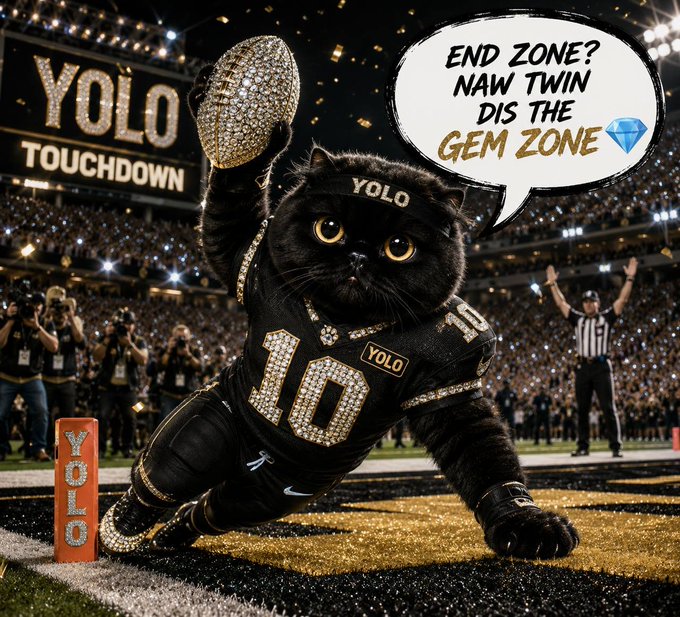 Humorous AI-generated image of a black cat in a football uniform (#10) scoring a 'YOLO TOUCHDOWN' with a speech bubble saying 'END ZONE? NAW TWIN DIS THE GEM ZONE 💎'.