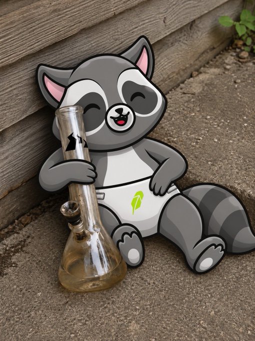 A cartoon raccoon cutout leaning against a wooden wall next to a glass bong, with a green leaf symbol on its shorts.