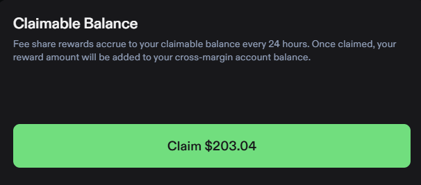 A dark-themed interface displays a "Claimable Balance" section with explanatory text about fee share rewards accruing every 24 hours to a cross-margin account, featuring a bright green "Claim $203.04" button. The image illustrates the daily reward collection mentioned in the post, showing $203.04 in accumulated rewards from managing delta-neutral positions on Phoenix, ready to be added to the user's cross-margin balance.