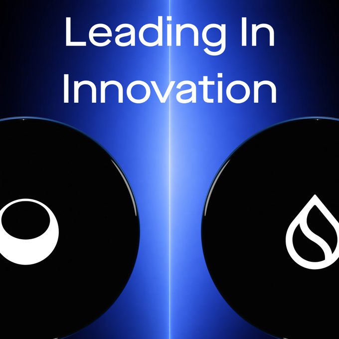 The image features a bold "Leading In Innovation" header above two black spheres displaying the logos of Sui and what appears to be its partner project, set against a striking blue background. This visual reinforces the post's message about Sui's pioneering role in Web3 innovation and the ongoing collaborative building journey toward a forward-looking future on the Sui blockchain.