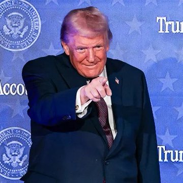 In this image, Donald Trump points directly at the viewer, with "TRUMP" visible on a backdrop, relating to the breaking news that he suggested "Trump Accounts" could potentially include Bitcoin.