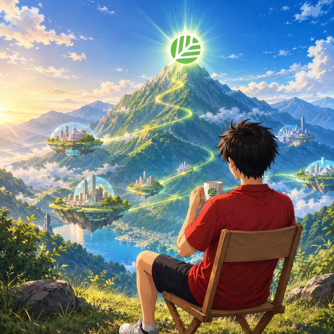 An anime-style illustration of a young man in a red shirt sitting on a wooden chair, holding a mug with a green leaf logo, gazing at a majestic mountain topped with the same glowing green emblem, surrounded by floating futuristic cities in a scenic landscape.