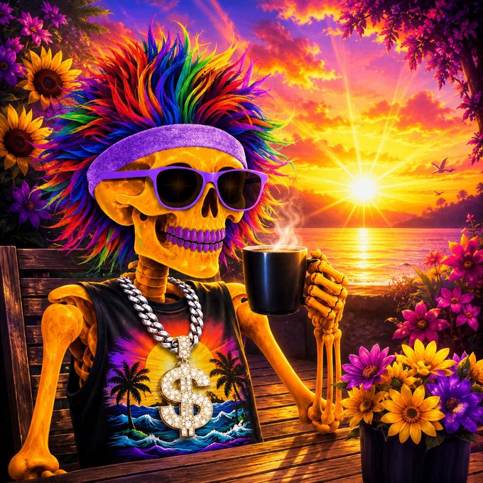 A vibrant illustration of a skeleton with a rainbow mohawk, purple sunglasses, and a dollar-sign necklace holding a coffee mug against a tropical sunset.