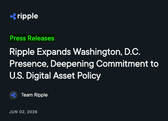 The image features a black background with white text that reads "Ripple Expands Washington D.C., DC Presence, Deepening Commitment to U.S. Digital Asset Policy". The caption below the image provides further context about the expansion of Ripple's presence in Washington D.C. and its commitment to digital asset policy.