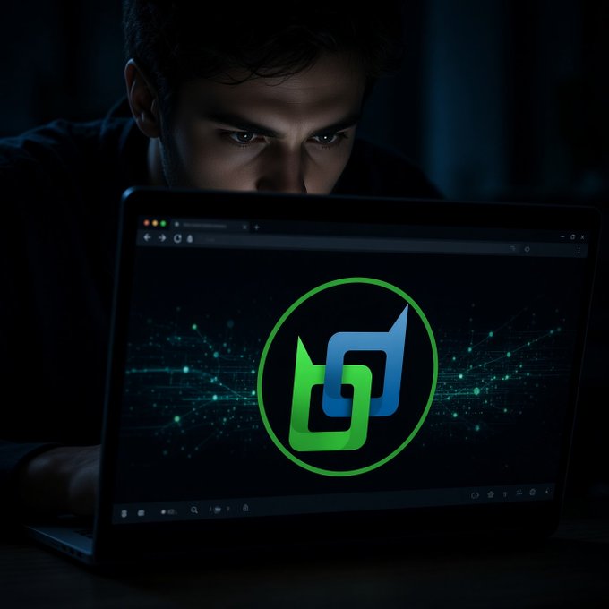A man stares intensely at a laptop screen displaying the same green and blue intertwined logo from a dark setting.