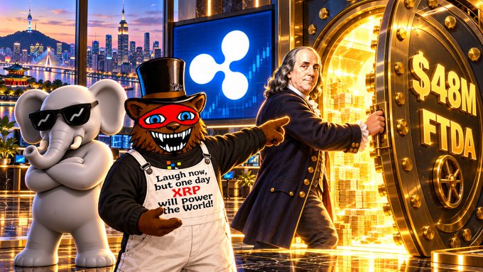 Crypto-themed digital artwork featuring an elephant mascot in sunglasses, a cat character in a top hat with shirt reading 'Laugh now, but one day XRP will power the World!', and a Benjamin Franklin-like figure opening a giant golden vault marked '$48M FTDA', with the Ripple/XRP logo on a screen and a city skyline in the background.