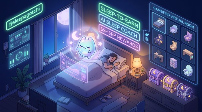 A neon-lit pixel art style illustration depicting a 'SLEEP-TO-EARN AI SLEEP COACH $SHEEP REWARDS' concept from @sleepagotchi, showing a person sleeping in bed with a cute cloud mascot and a gamified virtual room interface.