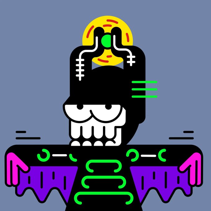 A colorful, abstract digital illustration featuring a black and white character with green circuit-like lines, a yellow crown-like shape, and purple accents at the bottom against a gray background.