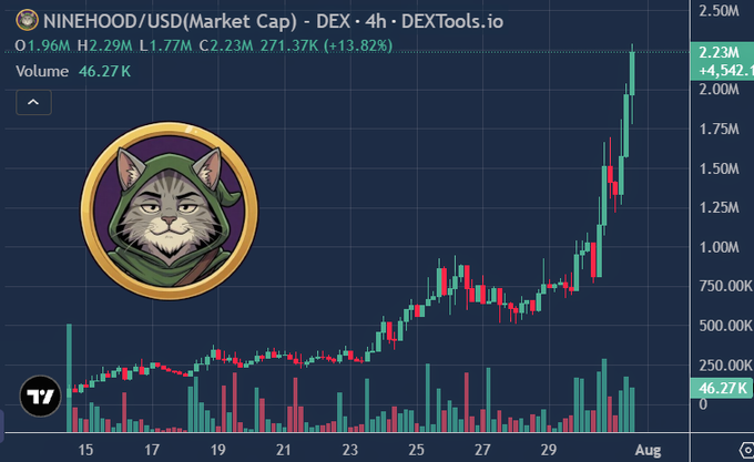 A DEXTools.io chart showing $NINEHOOD/USD market cap surging from $0 to $2.23M (+13.82%) with a hooded cat logo, illustrating the post's claim of the token's rapid two-week rise while the broader market stalled.