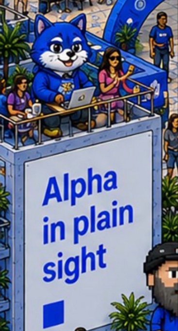 An illustrated scene featuring an anthropomorphic blue cat character in a hoodie working on a laptop at a booth with other people, positioned above a large white sign that reads 'Alpha in plain sight' with a blue checkmark.